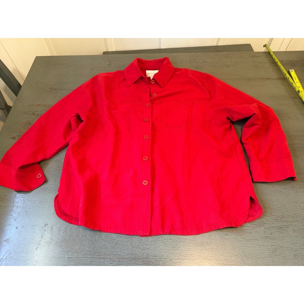 Draper's & Damons Red Button Down Shirt Women Petites Large PL Long Sleeve Top